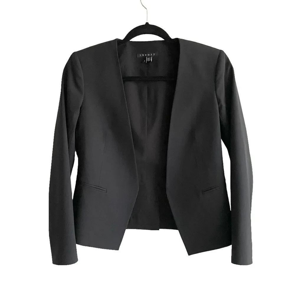 THEORY Black Open Front Cropped Long Sleeve Blazer Jacket 0